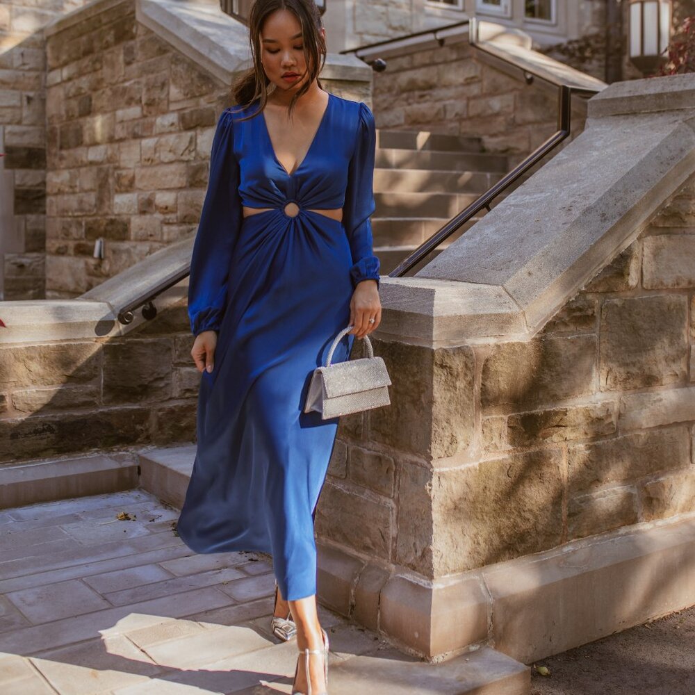 Ever New Royal Blue Satin Maxi Dress with Center Ring Detail - Picture 9 of 10